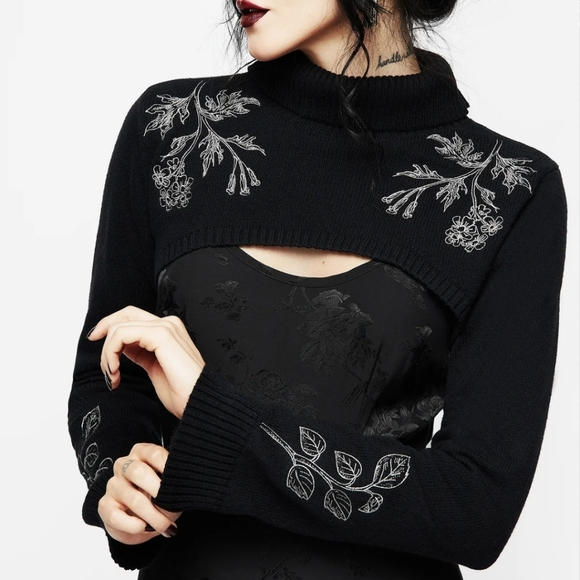 Disturbia Sweaters - Disturbia Almalthea Embroidered Roll Neck Extreme Crop Sweater
